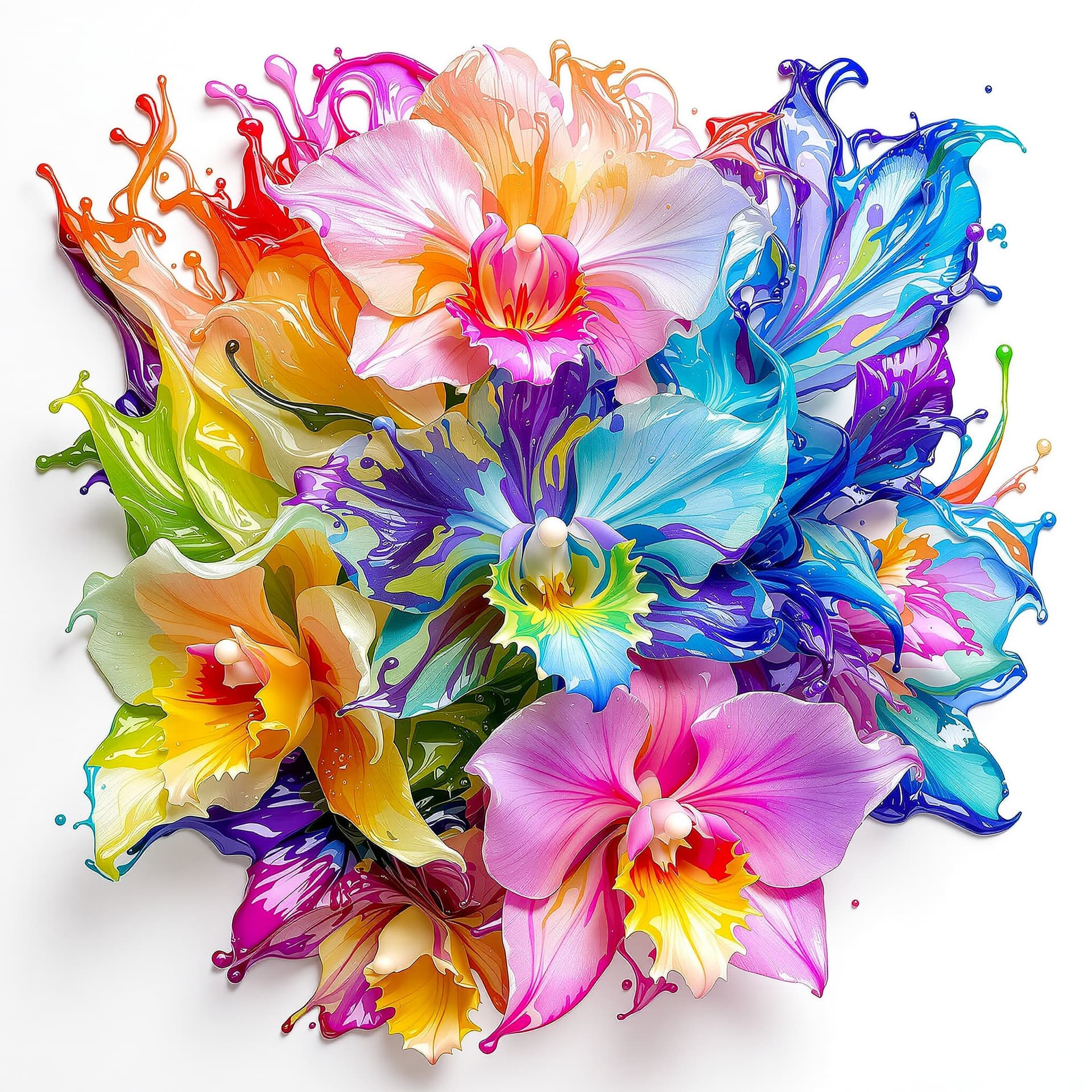AI generated: 3d orchids flowers made of fluids  transparant liquid paint vivid and multicolored wet look joined t...