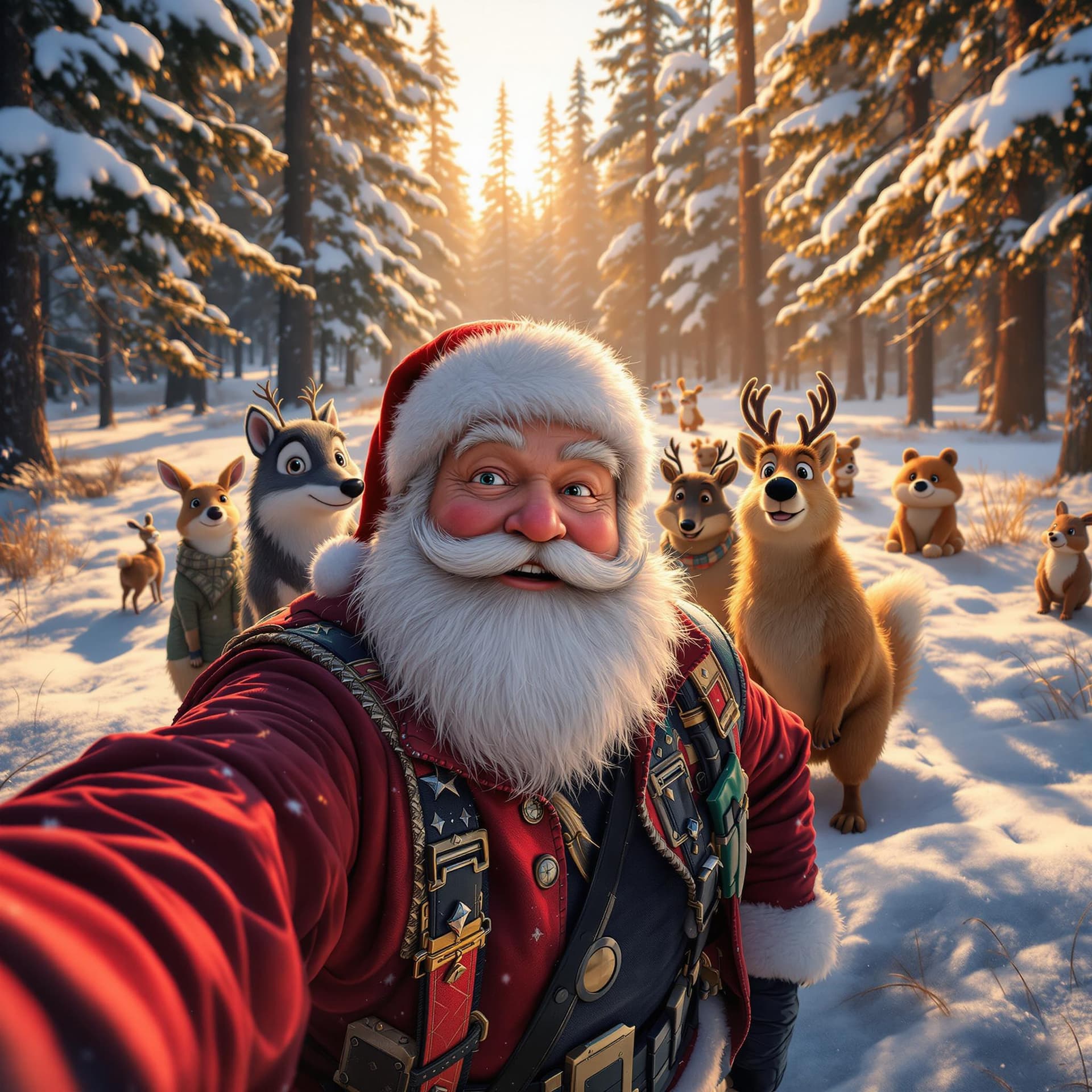 AI generated: In the winter forest, there is an field with many forest animals standing on it. Animated Santa Clau...