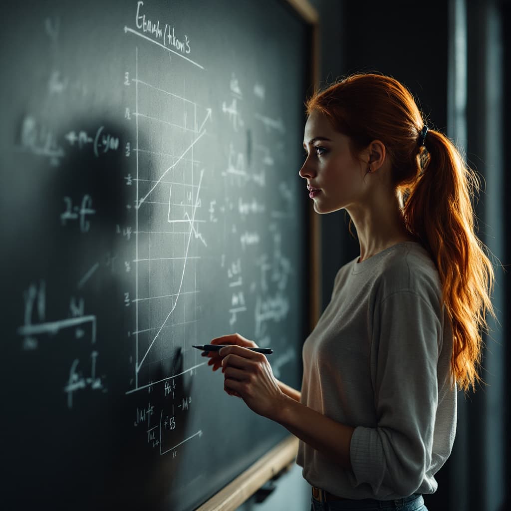 AI generated: generate an image of young fit redhaired woman teaching graph theory on a black board