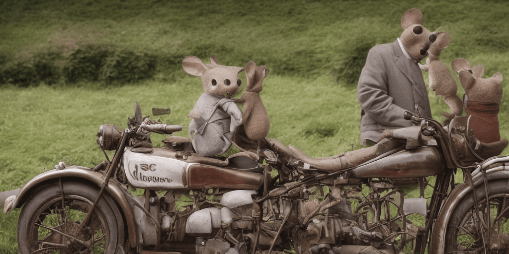 AI generated: cinematic film still award winning photo, style beatrix potter, two grey mice, both wearing open fac...