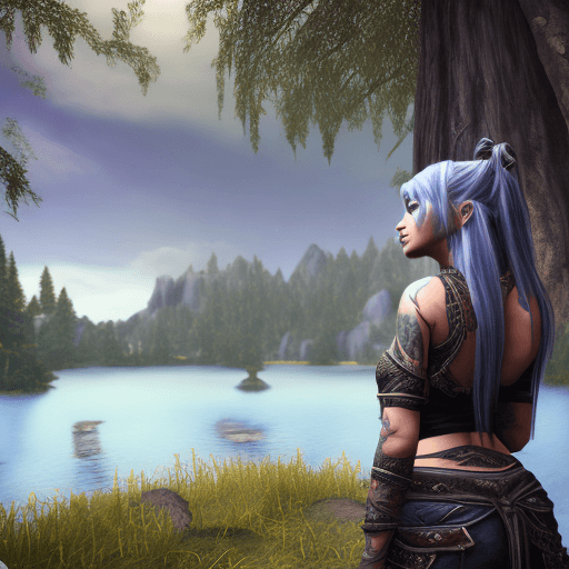 AI generated: ultra relalistic, slyvanas, world of warcraft, knieend, wall, tattoos, kaputzenpollover, 8k, HDR, Em...