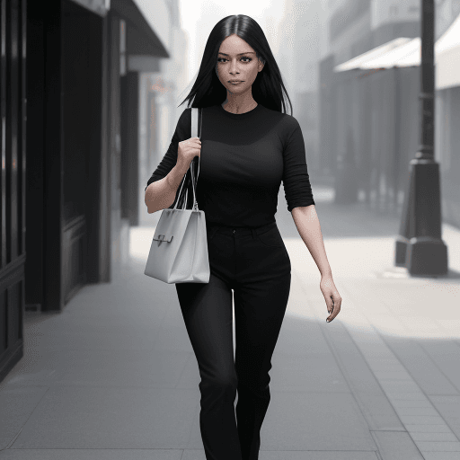 AI generated: The image features a  woman wearing a black shirt and black pants, walking down a street while carry...