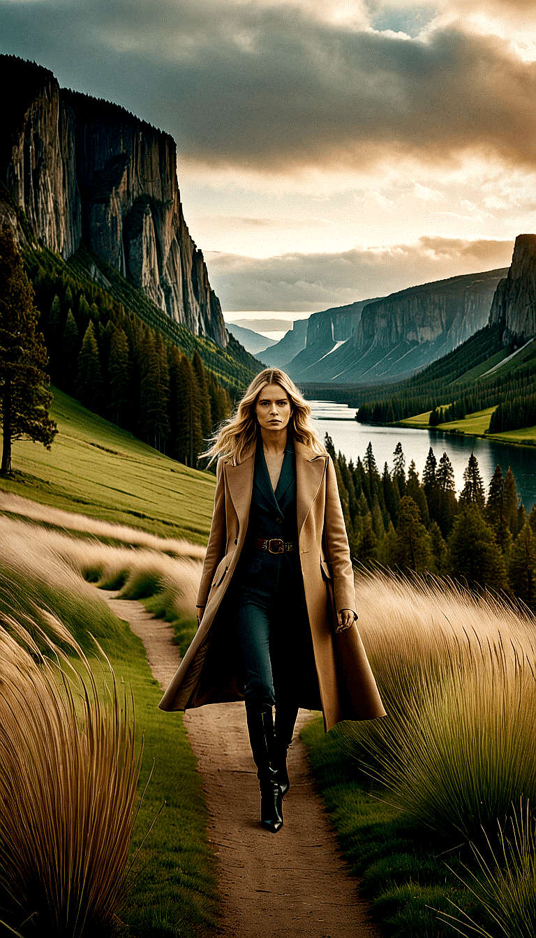 AI generated: a woman walking through a lush green field, vogue fashion photo, brown tuffle coat, beautiful swedis...
