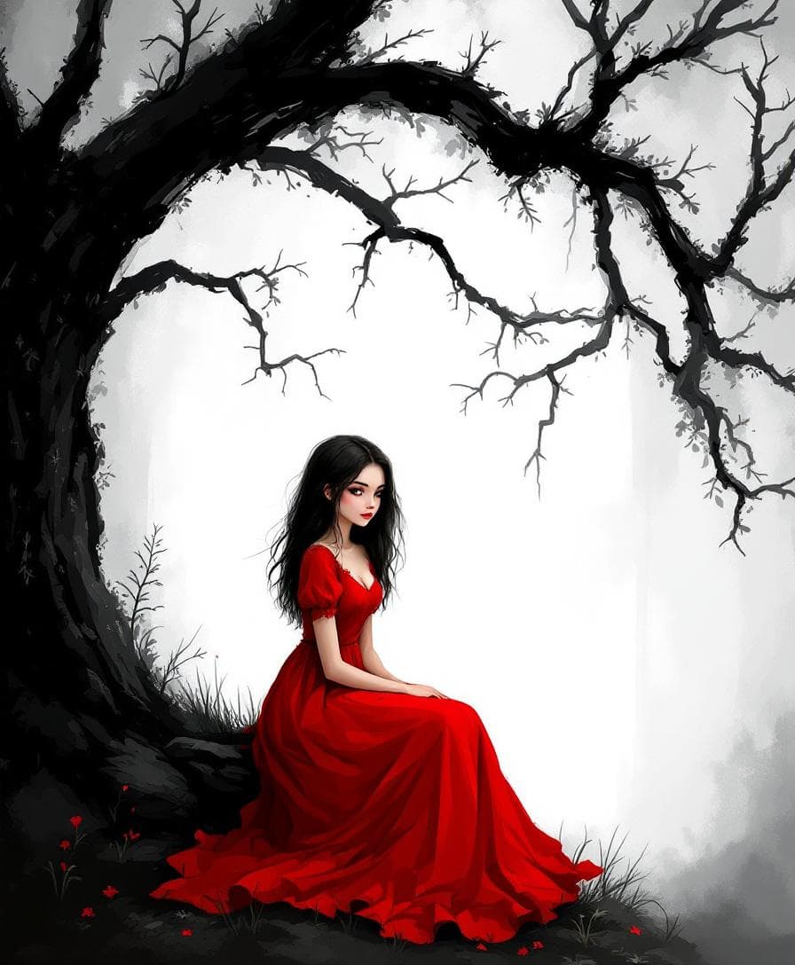 AI generated: Prompt: A girl in a red dress sitting under a tree, digital art style, cartoon illustration with a b...