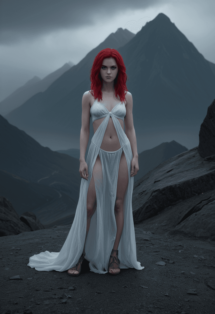 AI generated: Full body,Fantasy illustration of a evil female witch,in her thirties,red hair with a white streak,s...