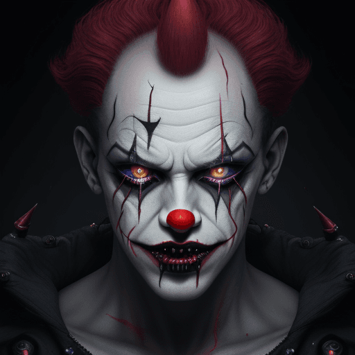 AI generated: a nightmarish appearance of the evil demonic clown, his makeup smeared with fresh paint, cyborg impl...