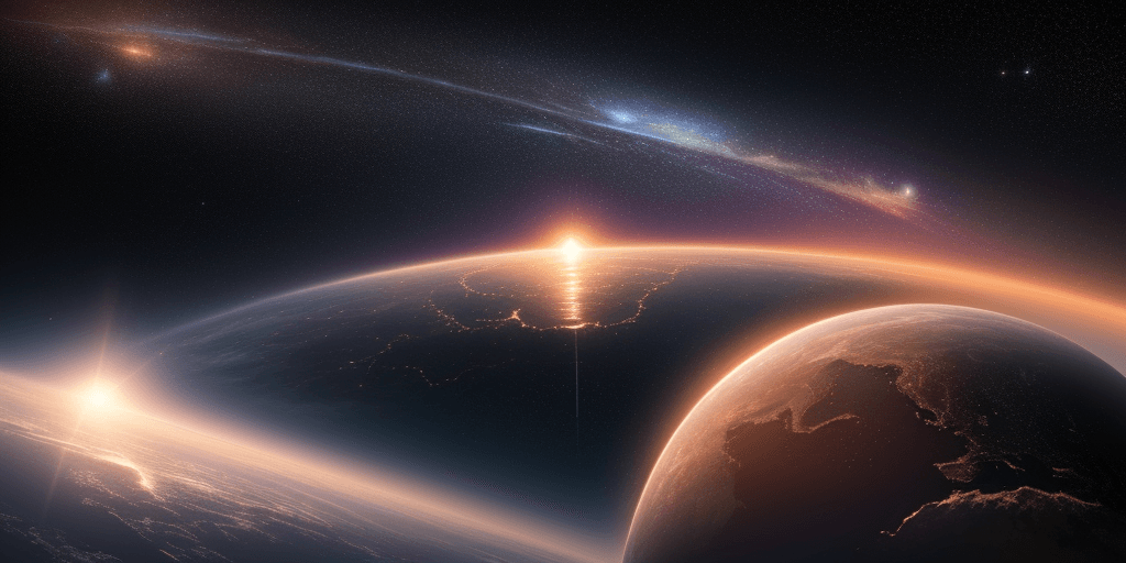 AI generated: Whole planet coming up over the horizon like a sunrise, distant constellations, HD 4K HDR space skyl...