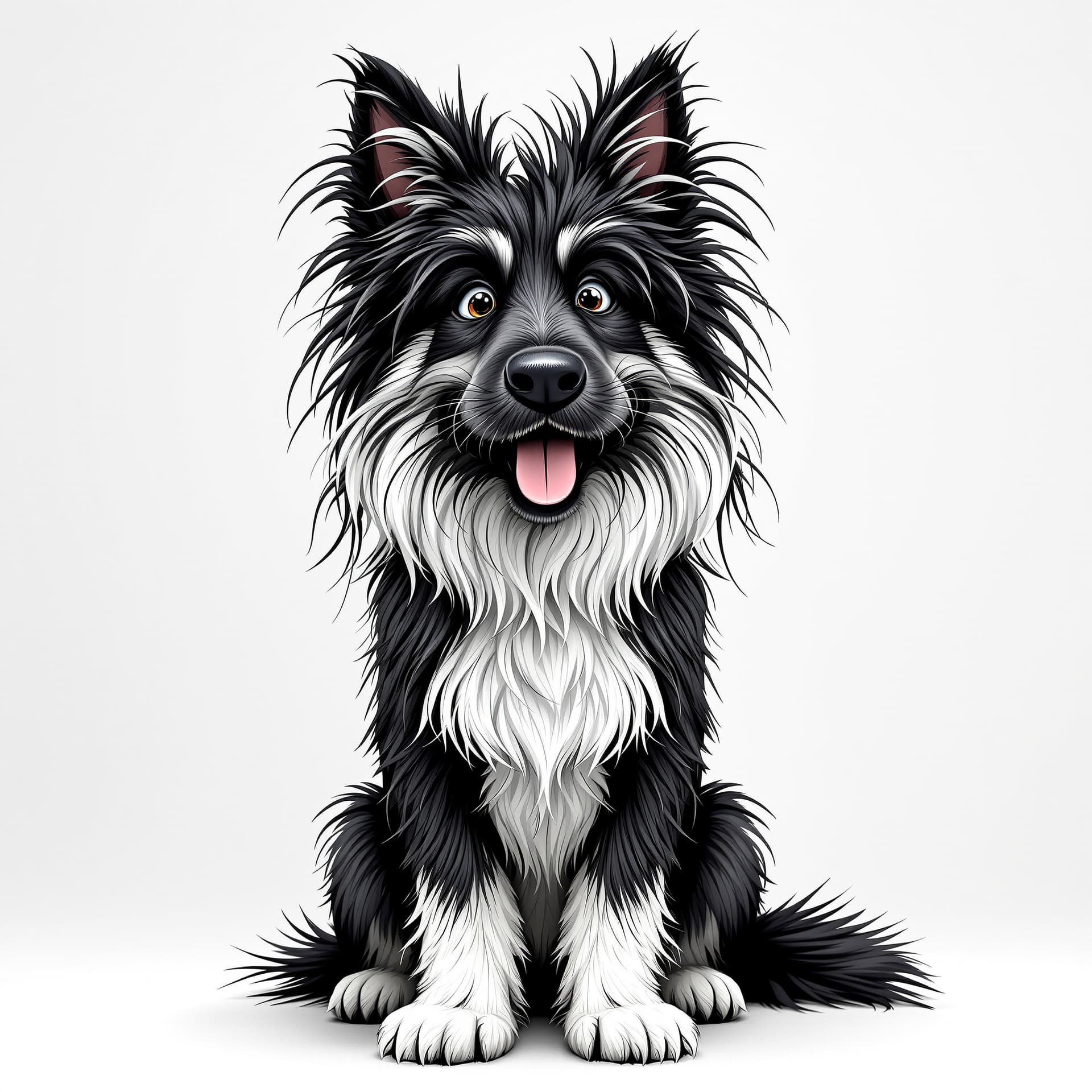 AI generated: Black and white German shepherd, sitting, shaggy fur, cartoon style, expressive, whimsical, medium s...