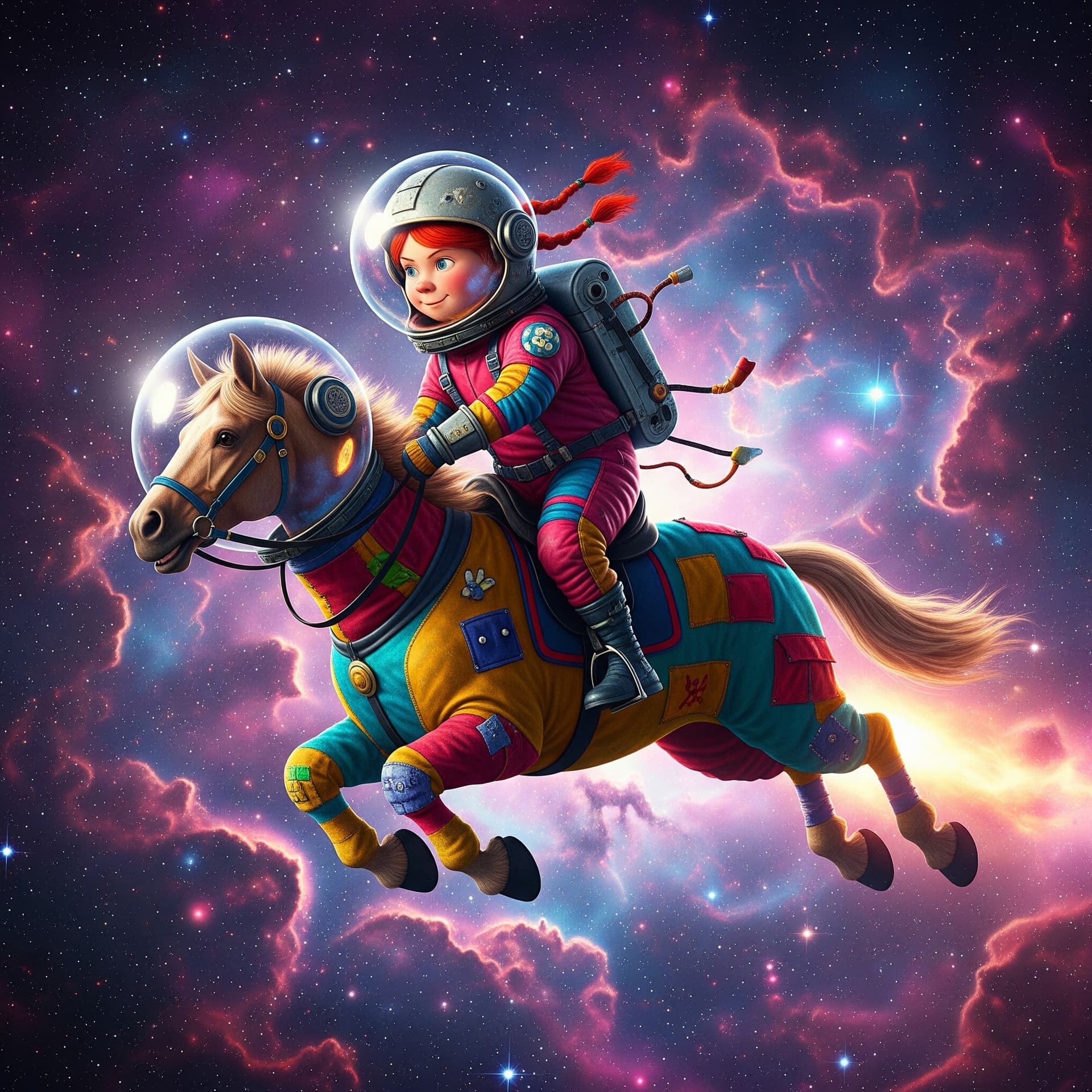 AI generated: Pippi Longstocking riding her horse, both wearing colorful, mismatched spacesuits, through a vibrant...