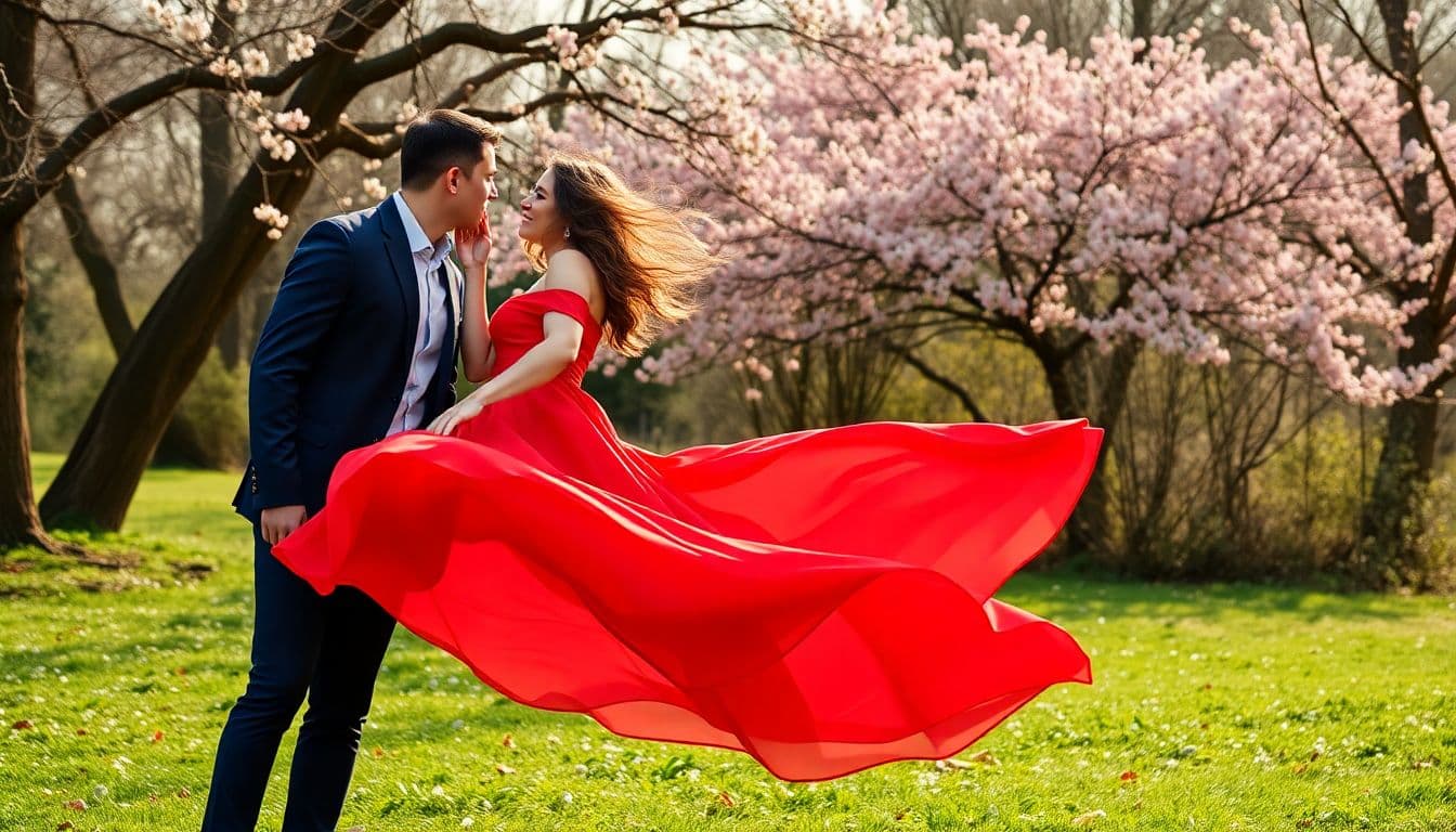 AI generated: A full-length shot of two men and a woman. It's springtime, and the man is kissing the woman in a fl...