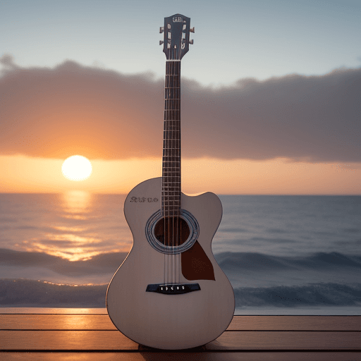 AI generated: una guitarra que viaja en una balsa por el oceano, es ocaso y que va derramando notas musicales 