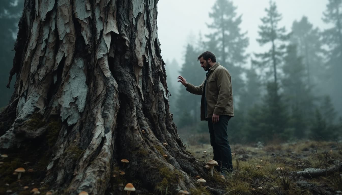 AI generated: Camera: Medium shot, ¾ angle facing his face.
Movement: He places a hand on the tree trunk. His eyes...