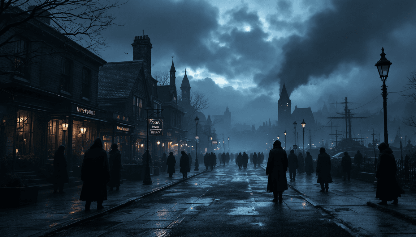AI generated: Shadow over Innsmouth townscape, eerie atmosphere, several Innsmouth inhabitants on the sidewalks.  ...