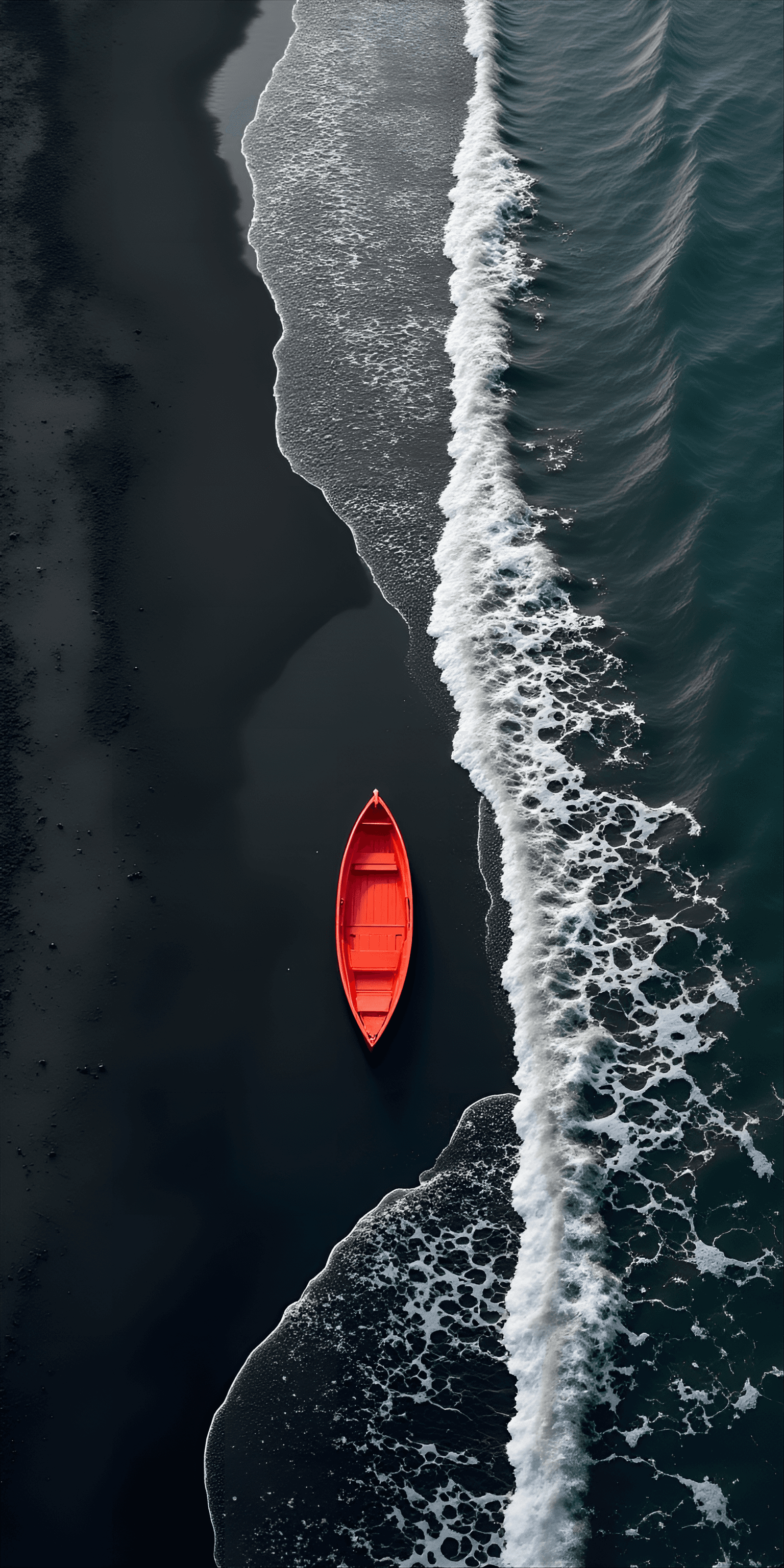 AI generated: small, red wooden boat rests on a dark, volcanic beach.  The boat is centered in the image, position...