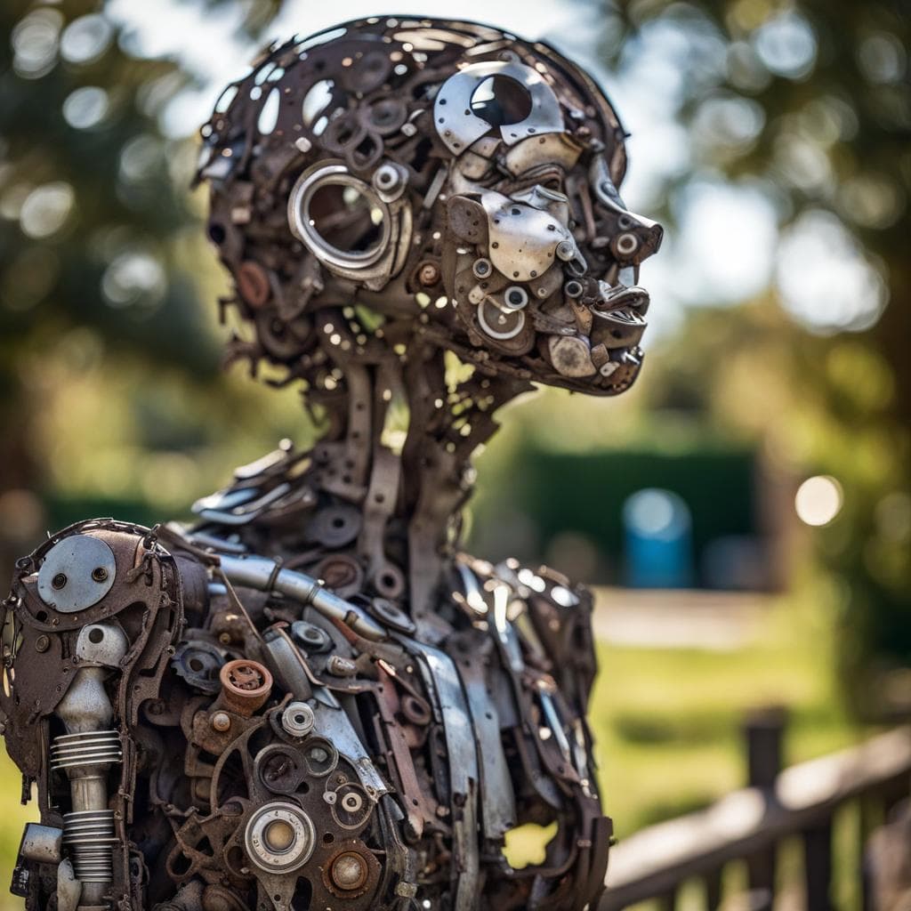 AI generated: an outdoor full size sculpture using discarded car parts, highlighting it's beauty, highly detailed,...