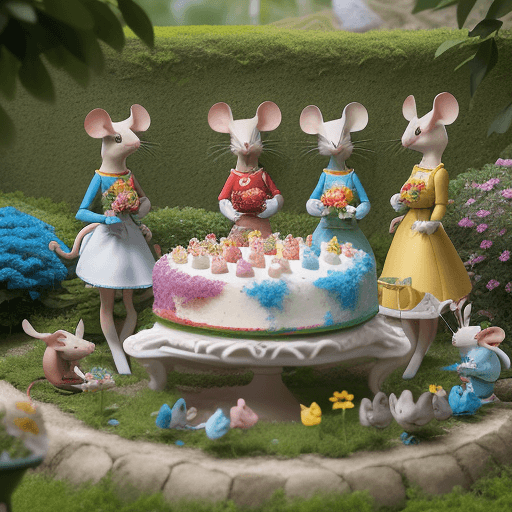 AI generated: a group of colorful mice wearing sl jerseys have a garden party with nice cakes, atmospheric, canon ...