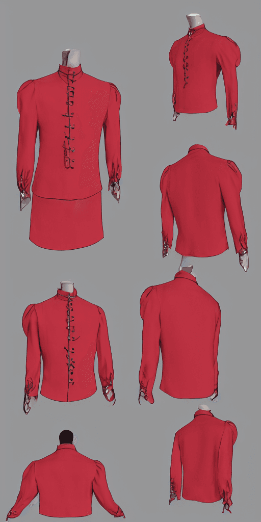 AI generated: man's scarlet shirt in Victorian style, material silk, puff sleeves, 3D model, very symmetrical shir...