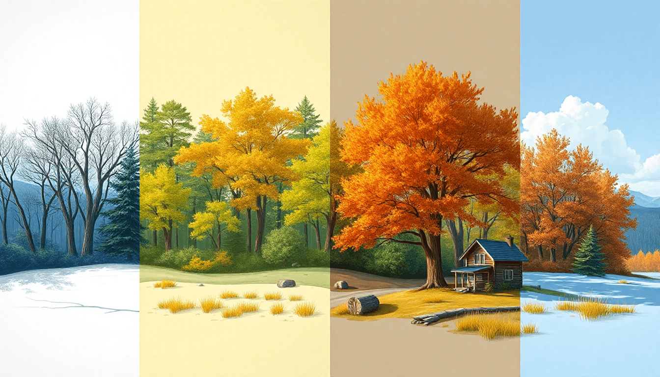 AI generated: illustrate the four seasons of a single landscape in one continuous panoramic image. From left to ri...