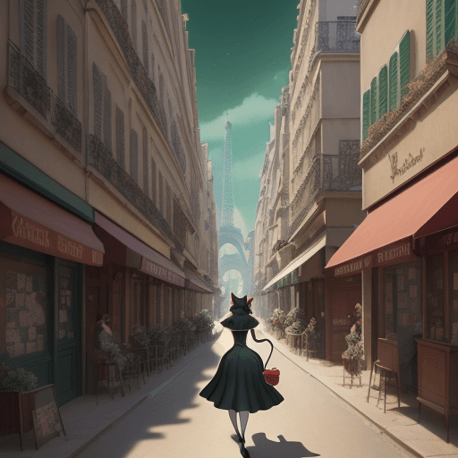 AI generated: an illustration of a cat girl walking down a street, in the style of Disney animation, pre-world war...
