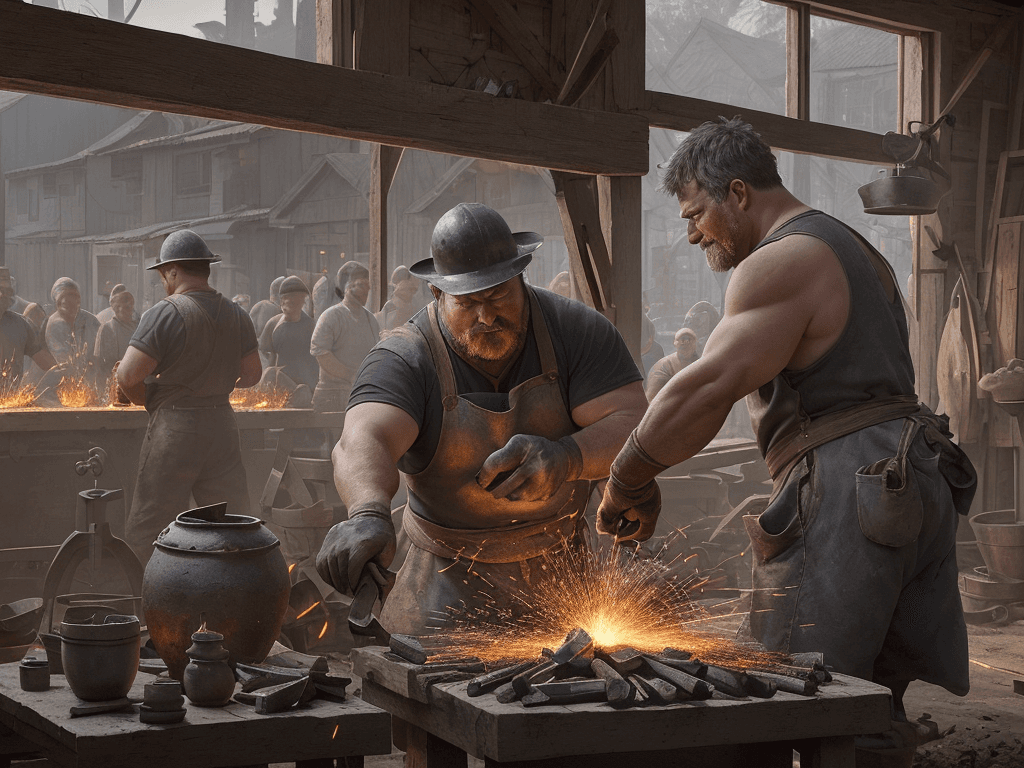 AI generated: In the heart of a bustling provincial village, a blacksmith, callused and powerful, hammers away at ...