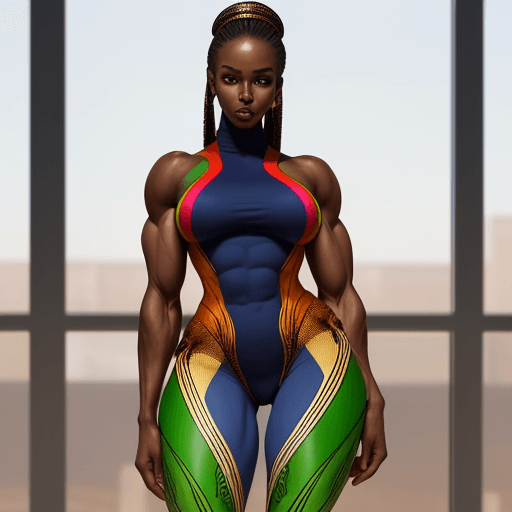 AI generated: Beautiful African girl, stands and shows her perfect figure in full height, well developed muscles, ...