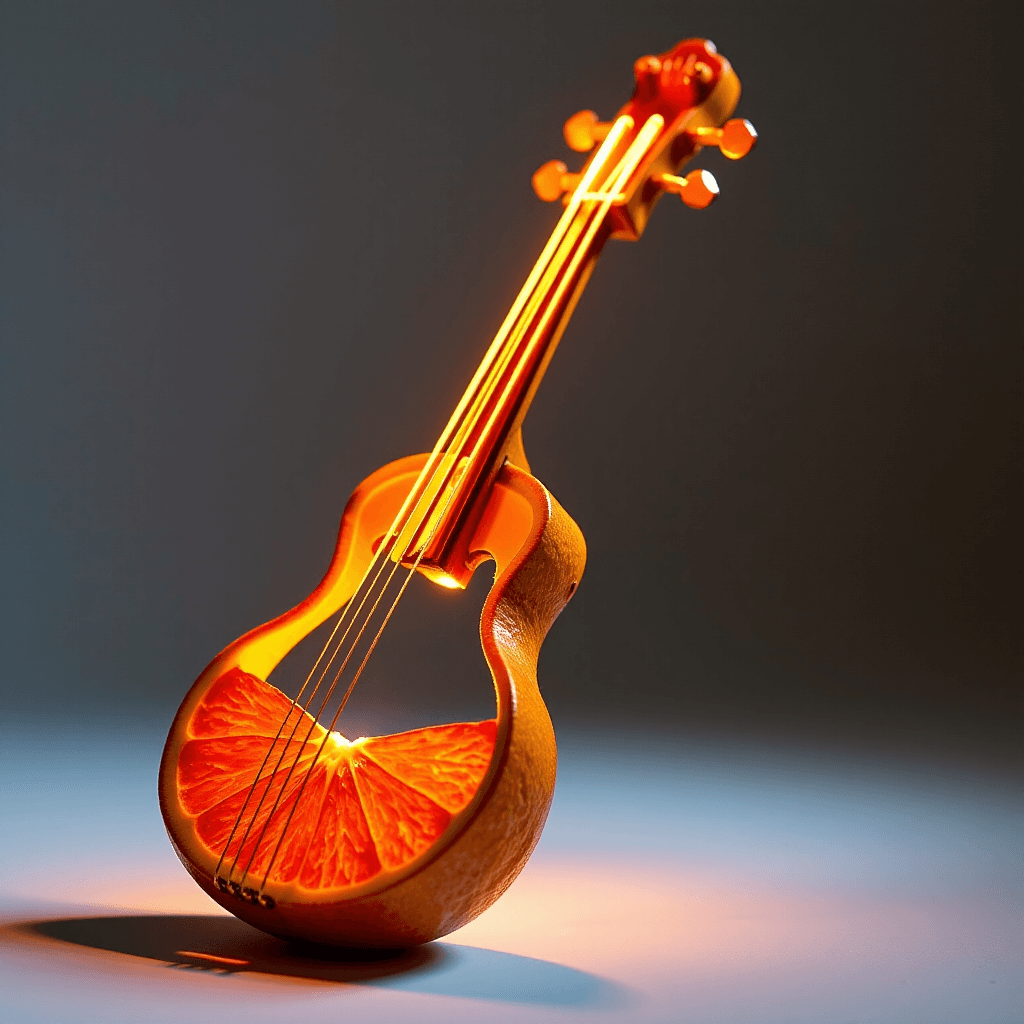 AI generated: Musical instrument made of orange peels with glowing strings, surreal design, warm studio lighting.â...