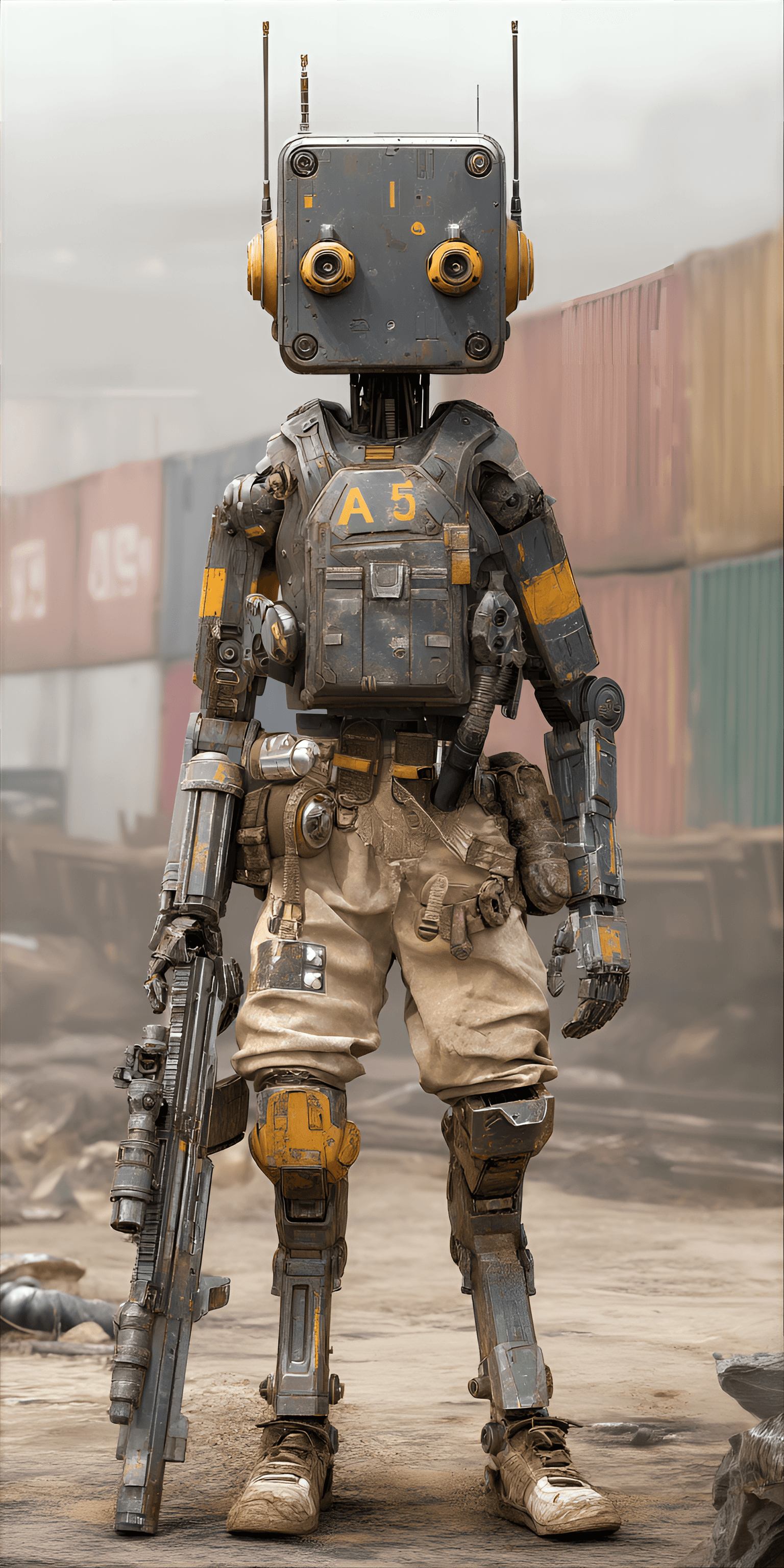 AI generated: detailed, full-body shot of a robot standing in a gritty, industrial environment. The robot is posit...