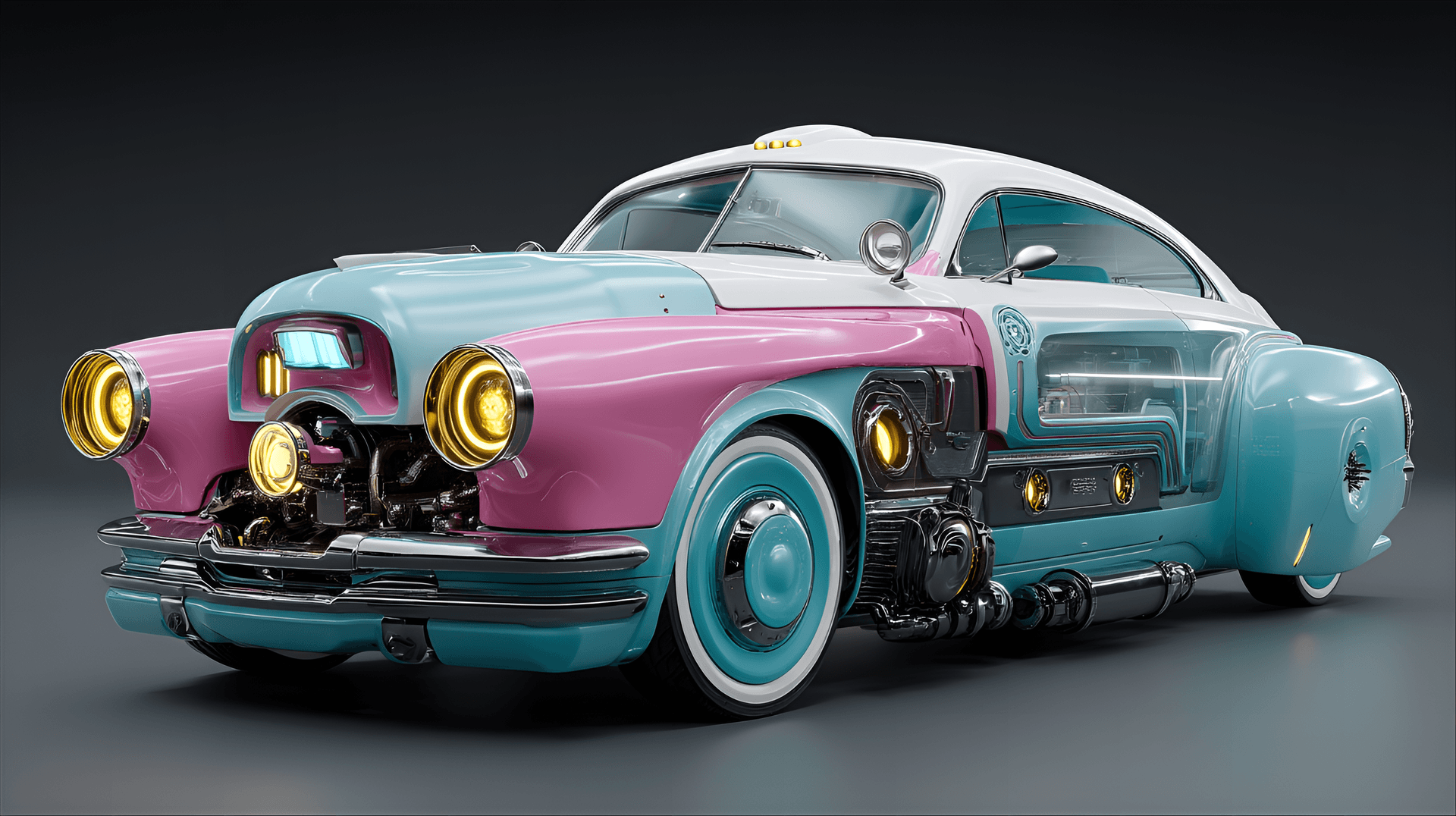 AI generated: Retro-futuristic custom car, vibrant pink and teal,  detailed 1940s-style coupe with a jukebox-style...
