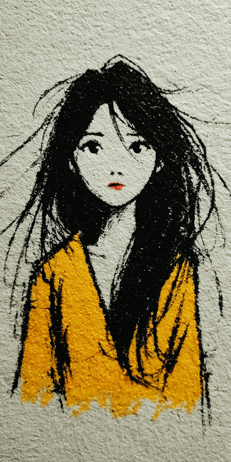 AI generated: A hand-drawn illustration of a woman with long black hair, cartoon feel, urban street scene outside,...