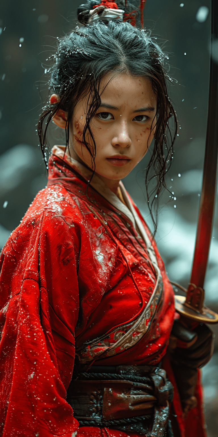 AI generated: the girl is wielding a sword in the background, in the style of xiaofei yue, ethereal images, light ...