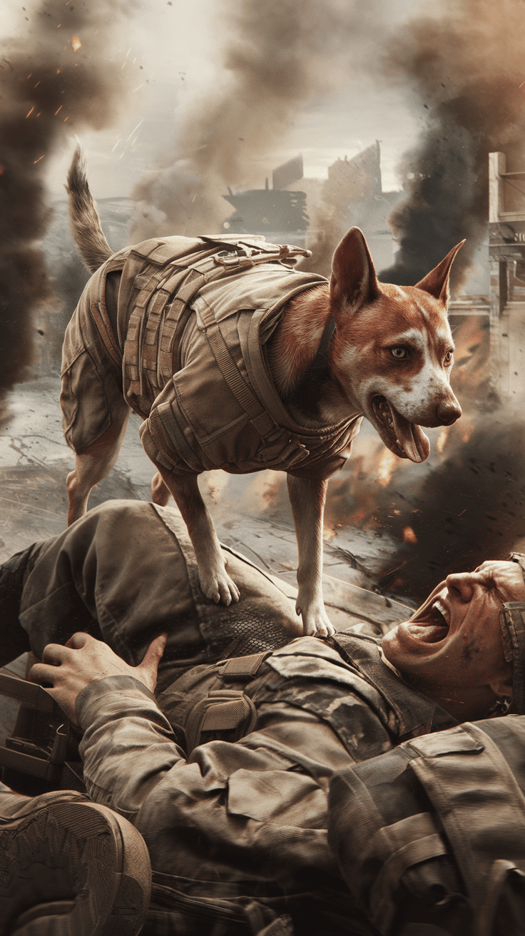 AI generated: a stray dog in army gear barks on a soldier's leg, the soldier screams, clouds of smoke around, phot...