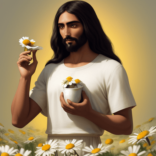 AI generated: Jesus holding a chamomile Daisy with Egyptian descent and dark skin