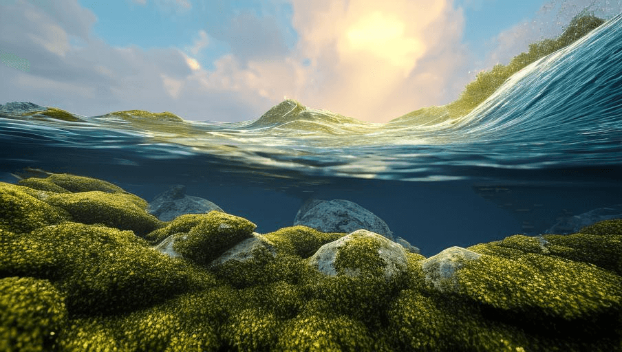 AI generated: complex 3d render ultra detailed, 8k, (full moon) night sky, torquise agate sea dazzling foamy blue ...
