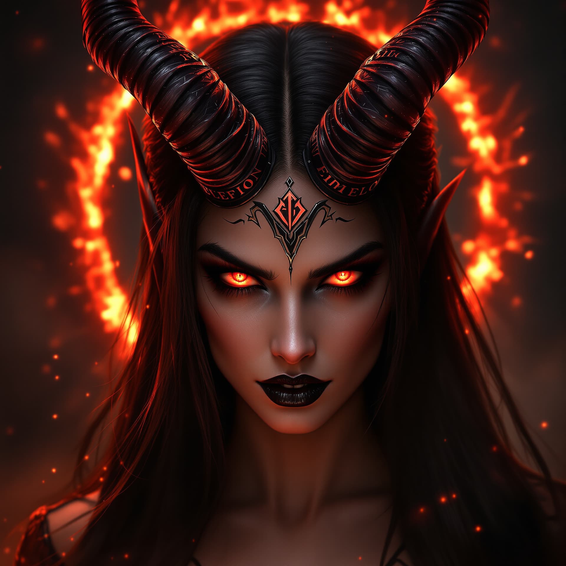 AI generated: A female red demon in a dramatic portrait. Sharp features with glowing red eyes and black lips, star...