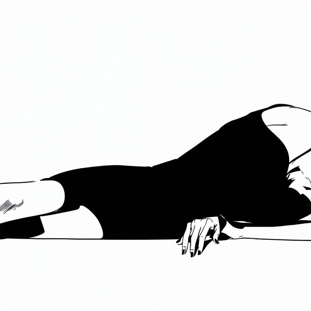 AI generated: "A minimalistic line-art sketch of a human figure, wearing a black dress, lying flat on their front ...
