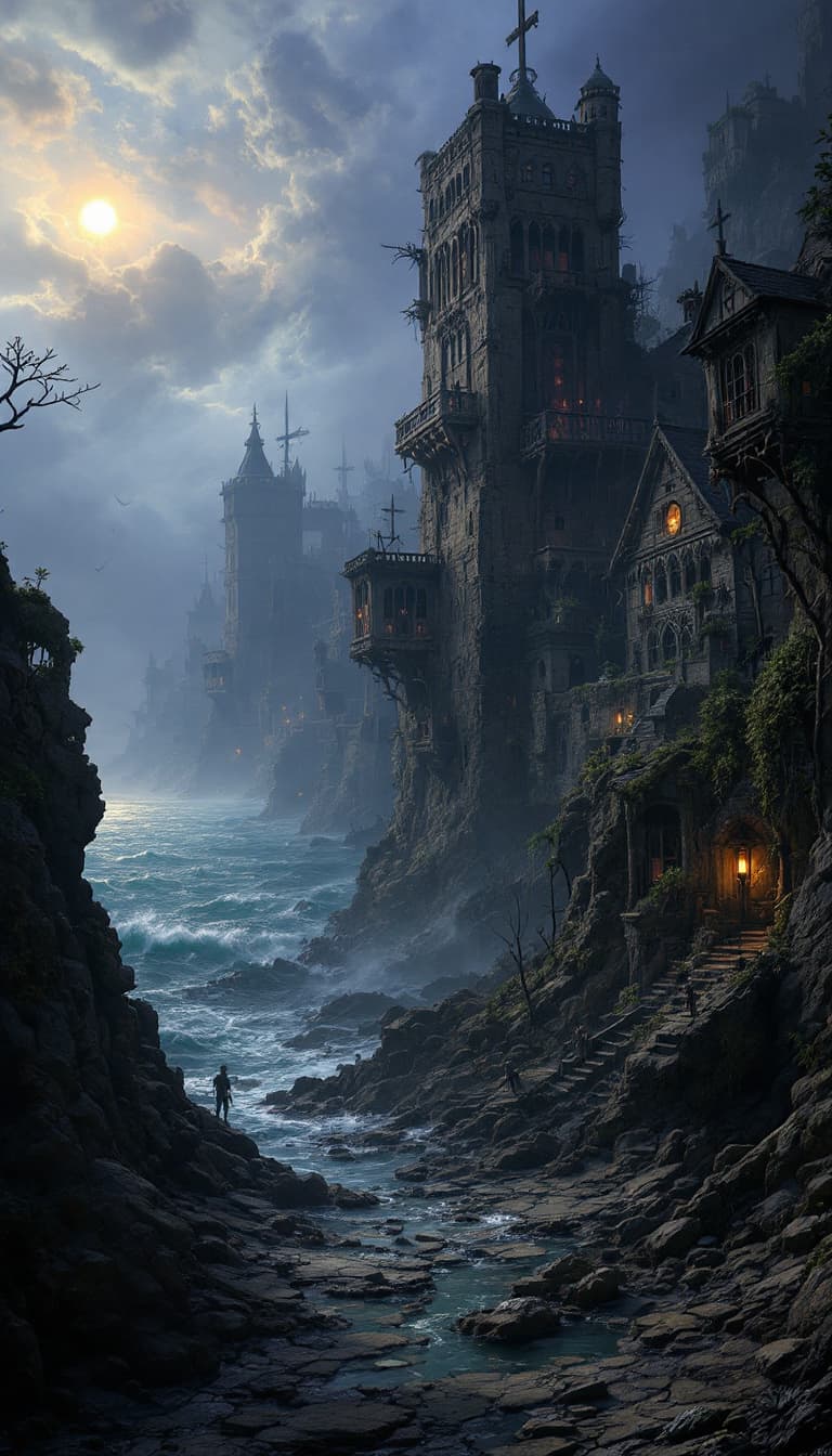 AI generated: Innsmouth,Coastal Town,Decaying Architecture,Eldritch Horror,Zombie-like Inhabitants,Cosmic Terrors,...