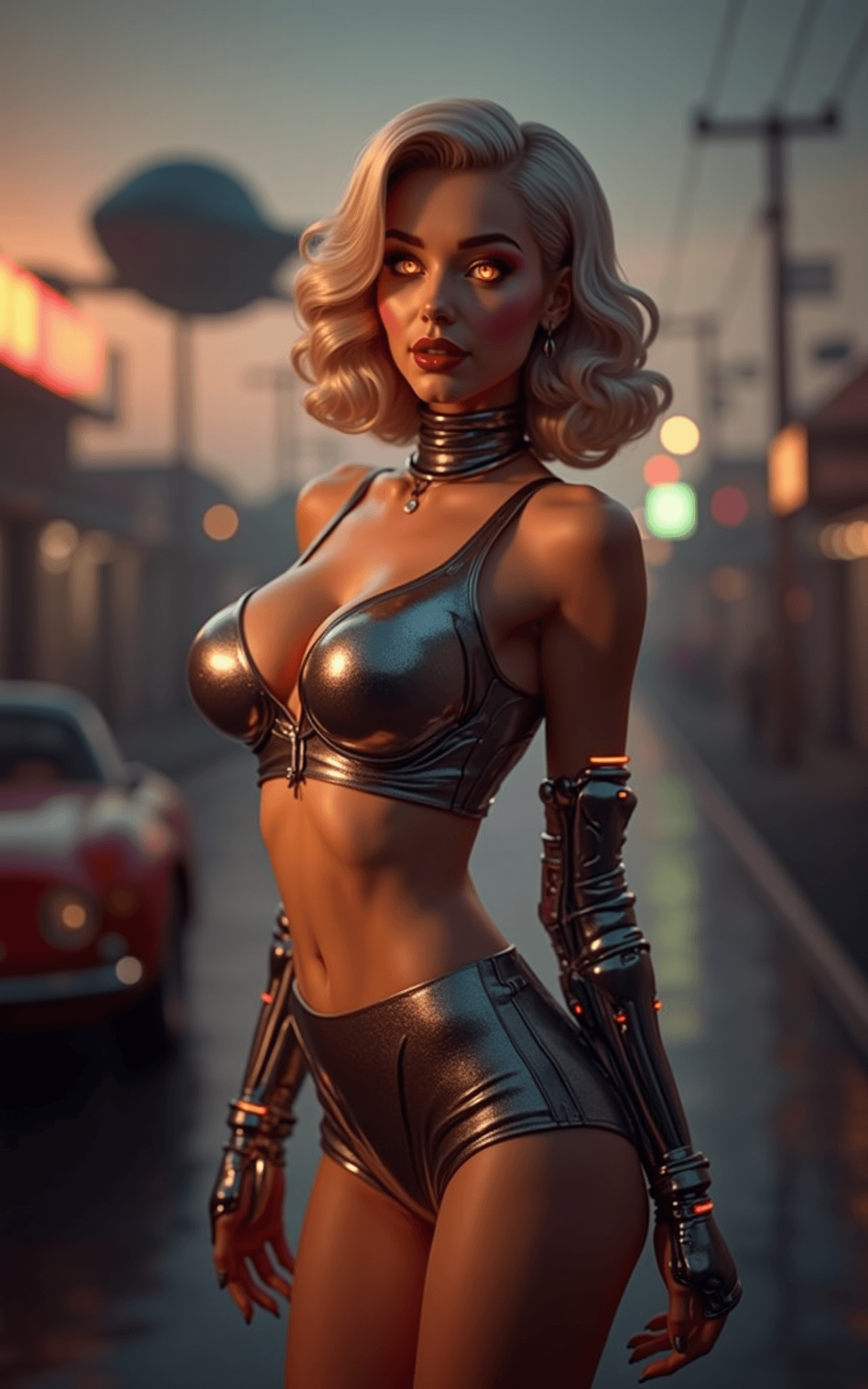 AI generated: Ultra-realistic pin-up style portrait of a female cyborg with sleek metallic limbs and subtle glowin...