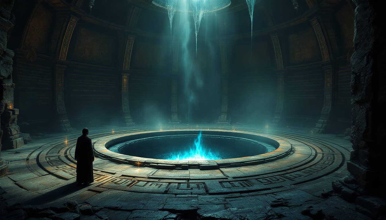 AI generated: A vast, ancient chamber deep beneath the Sepulchral Spire, its floor carved with concentric soulston...