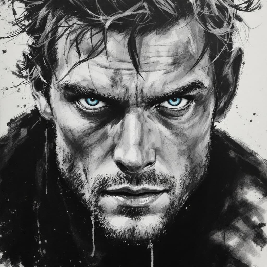 AI generated: An expressionist charcoal sketch, a strikingly handsome man with piercing blue-green eyes, bold, int...