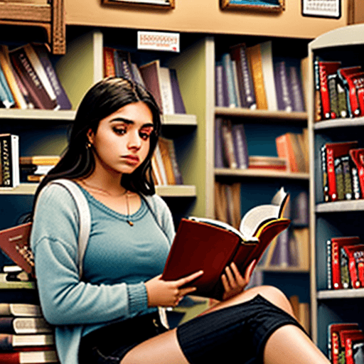 AI generated: Create a 20-something year old Latina woman reading a book in a small bookstore.
