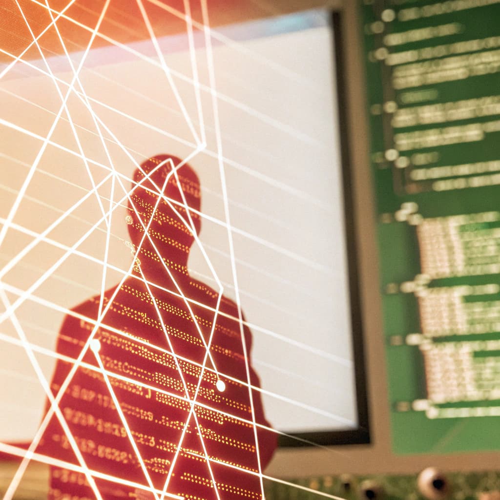 AI generated: ‏A human inside the codes of technology who works to maintain them.