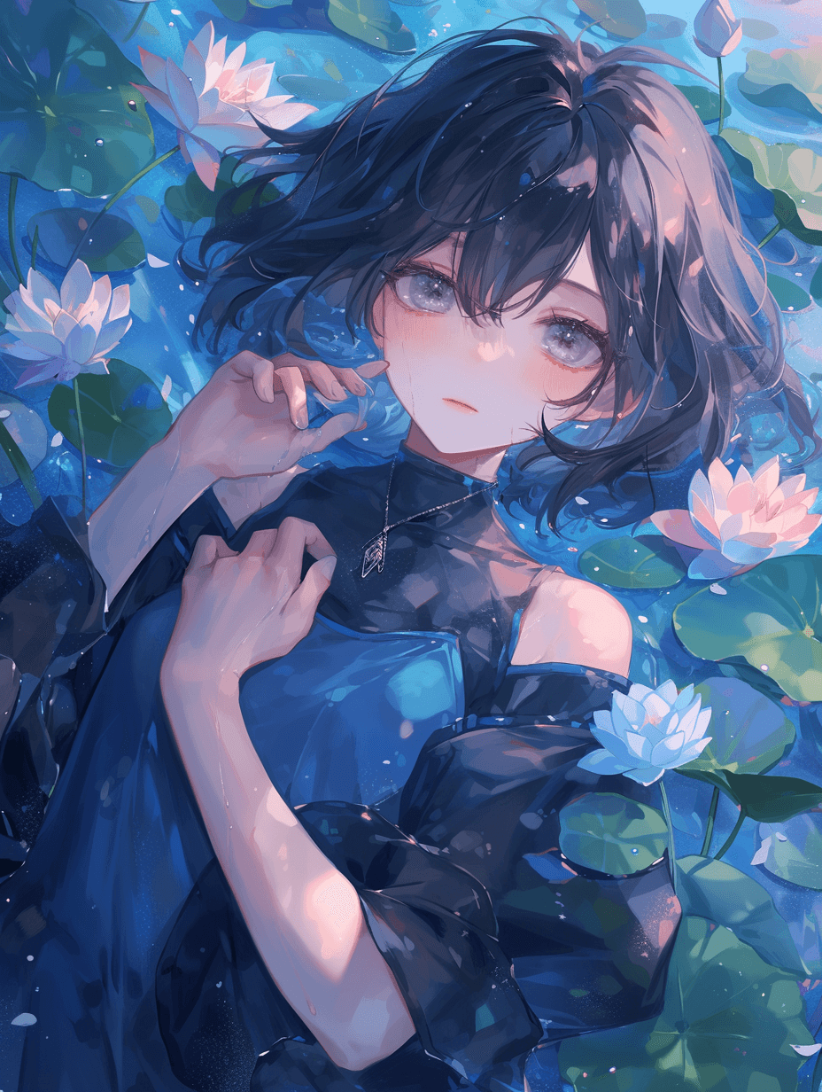 AI generated: shorthaired anime girl, wearing a blue dress, grey eyes, with lotus flowers and water lilies around,...