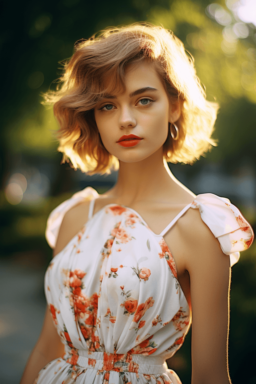 AI generated: analog style, professional fashion  photo of 18 years old  model , with an elegant haircut,  in a be...