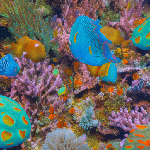 AI generated: the underwater is filled with vibrant colors,
coral reefs emit soft light, 
and schools of fish crea...