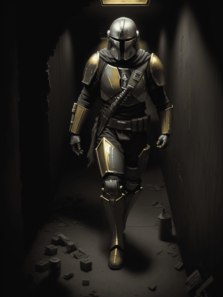 AI generated: A haunting scene of a mandalorian with a golden armor| golden armor(glowing eyes:1.2)| Staggering th...