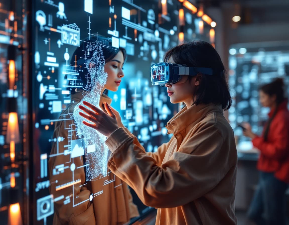 AI generated: Asian woman, experimenting a digital piece of clothing in a AR mirror, with the ambience referent to...