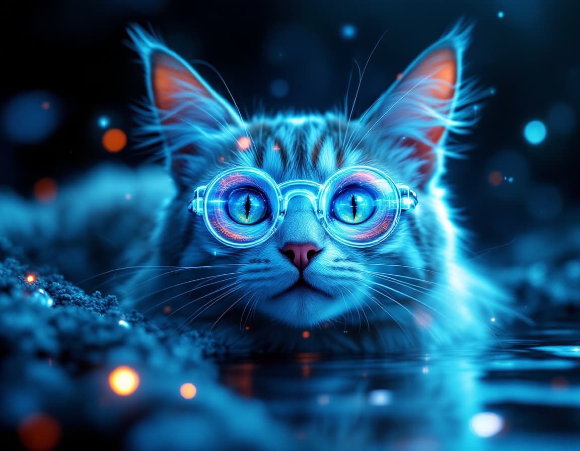 AI generated: cat + glasses, cynematic light, futuristic, epic fantasy, 8k --ar 2:3