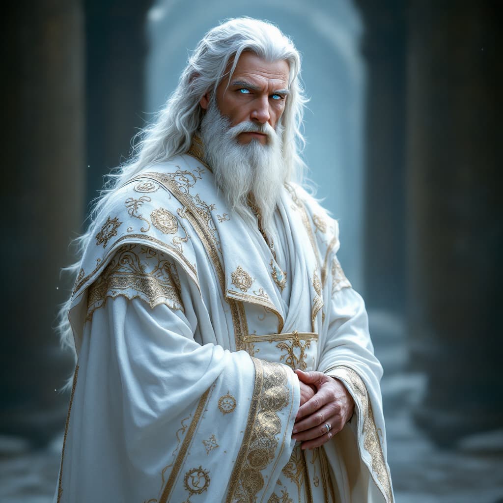 AI generated: A wise and powerful white mage, standing tall and dignified, radiating an aura of purity, wisdom, an...