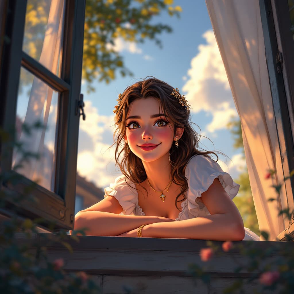 AI generated: Create a anime illustration of a medieval princess. The scene should be captured from a low angle, e...
