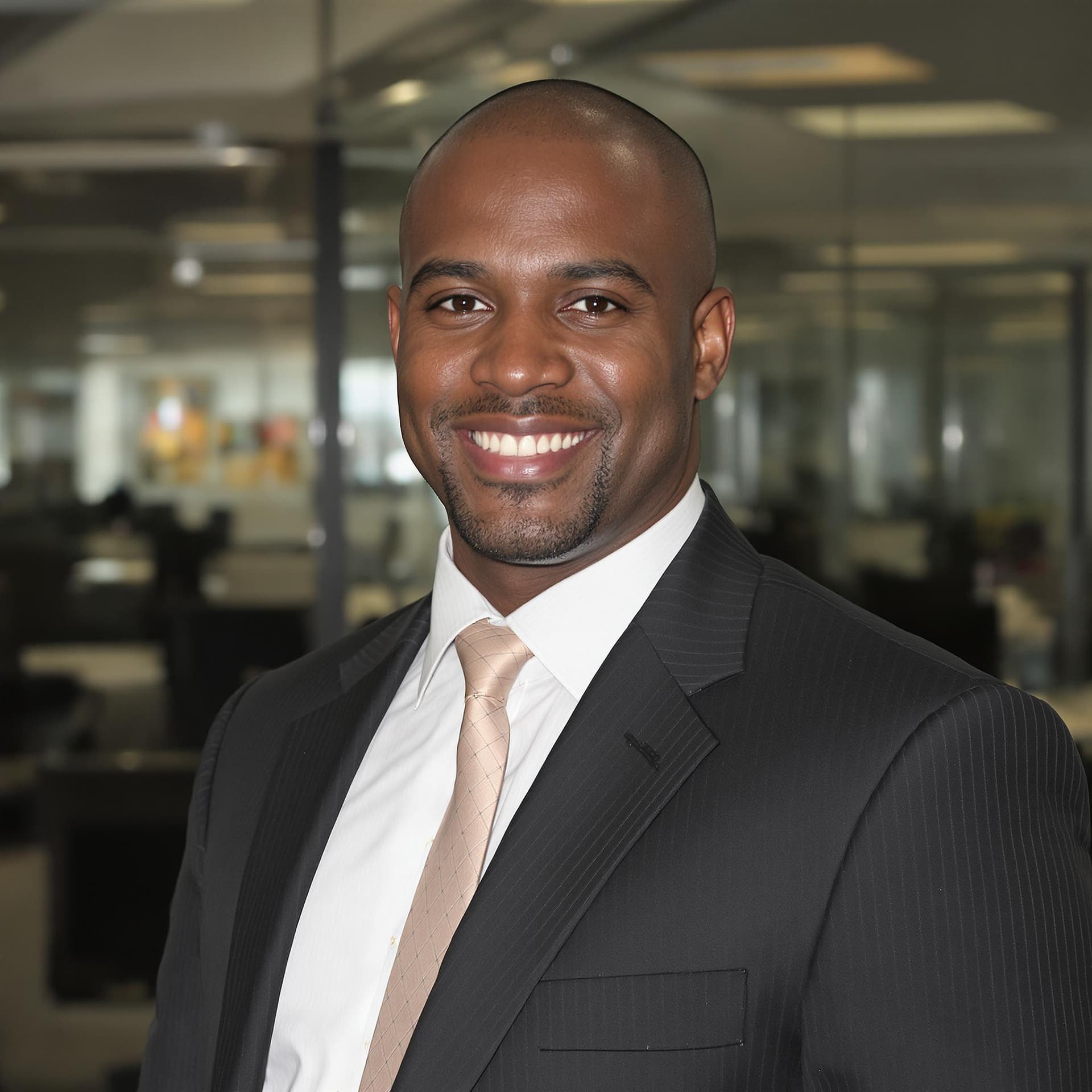 AI generated: clean shaven black business man posing against office background